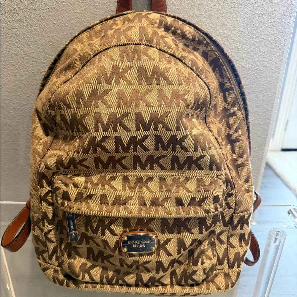 Michael Kors Brown Tan MK Logo Backpack - Picture 1 of 3